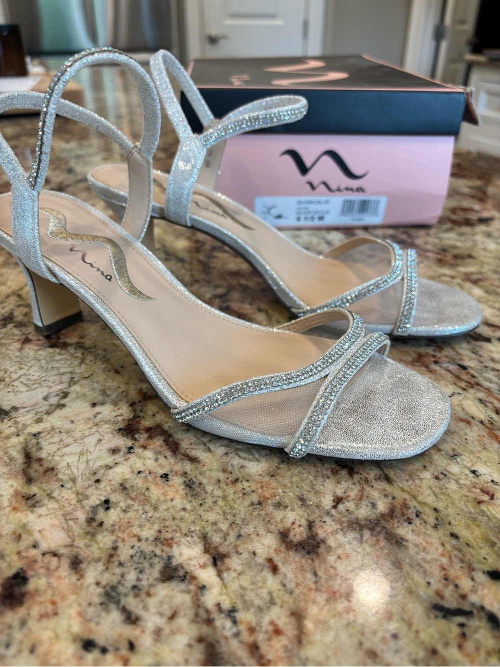 Nina Silver Glitter Rhinestone Strappy Mid-Heel Sandals